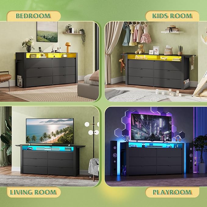 WLIVE 78 Inch LED Dresser for Bedroom, Black Dresser with Charging Station, Large Chest of Drawers Expandable with Flexible Shelves and Hanging Rack, Wood Dressers for Closet, Living Room (85" TV)