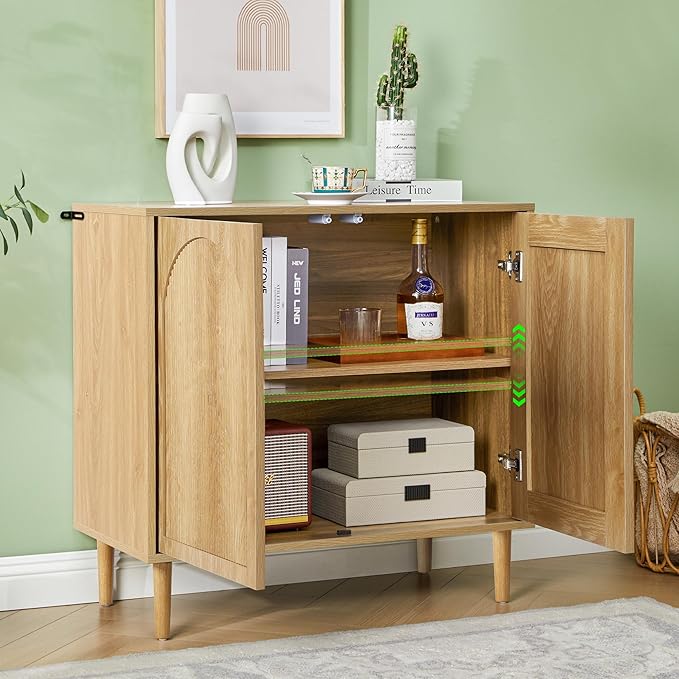 Bifins 31.5” Fluted Sideboard Buffet Cabinet with Storage,Mid Century Modern Small Wood Storage Cabinet with Arched Profile for Dining Room Kitchen Living Room (Natural 1pc)