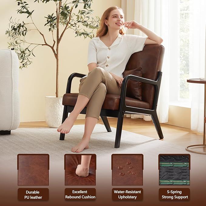 Achicsofar Accent Chair Mid Century Modern Armchair with Lumbar Support Pillow Wood Legs PU Leather Upholstered Lounge Chairs Comfy High Back Cushion for Living Room Bedroom