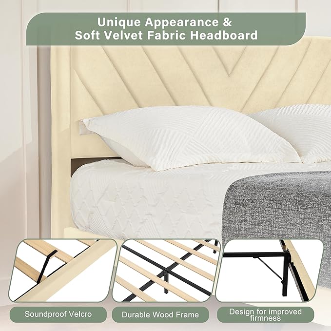 Full Bed Frame with Headboard, Bed Frame Full Size with Sturdy Wooden Slats Support, Platform Bed Frame with Velvet Upholstered Headboard, Mattress Foundation, Easy Assembly, No Box Spring Needed