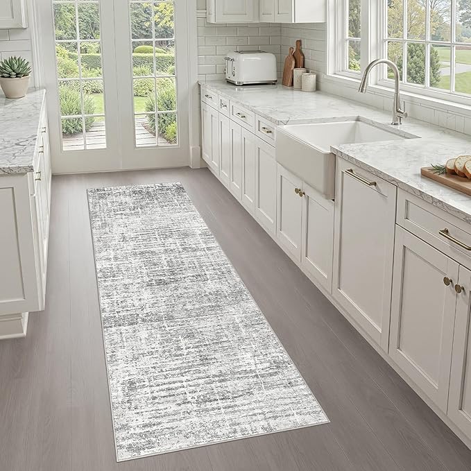 Runner Rug Non-Slip Kitchen Rug: 3x8 Washable Abstract Modern Soft Stain Resistant Indoor Floor Neutral Accent Throw Carpet for Hallway Bathroom Laundry Room Bedroom Entryway- Grey