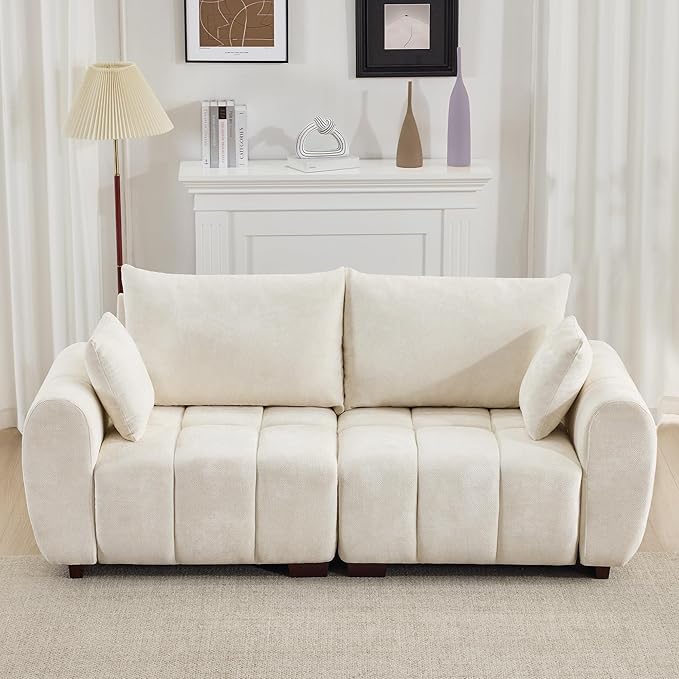 81.5" Chenille Love Seat Sofa, 2 Seater Modular Sectional Couch with Deep Seat, Solid Wood Legs, Cloud Couch for Bedroom, Living Room, Mid Century Modern Loveseat, Tufted Sofa, Beige