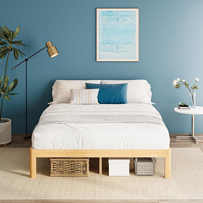 12 Inch High Bamboo Wood Full Size Bed Frame, Metal Slats Support Bed Frames Full, Reinforced, Noise Free, No Box Spring Needed, Easy Assembly