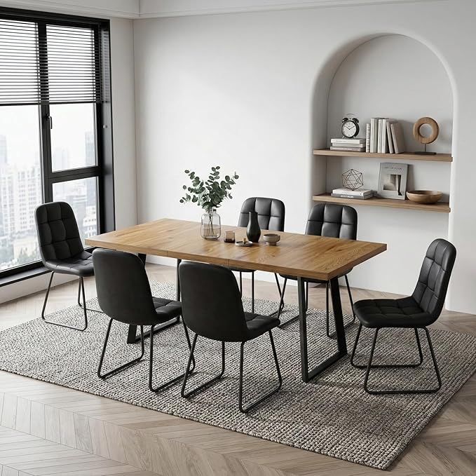 ZckyCine Extendable Dining Table Set for 6, 47" to 63" Expandable Kitchen Table with 6 Upholstered Chairs, Modern Rectangular Wood Dining Room Table Set with Metal Legs for Kitchen Apartment