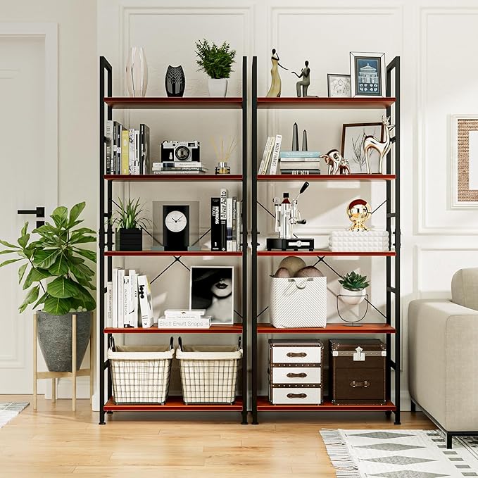 NUMENN 5 Tier Bookshelf, Tall Bookcase Shelf Storage Organizer, Modern Book Shelf for Bedroom, Living Room and Home Office, Teak