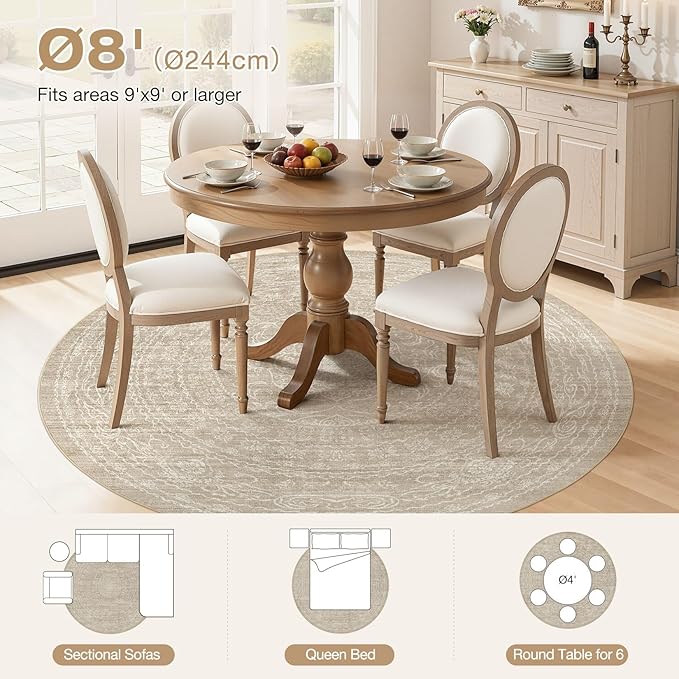 8ft Round Rug Living Room: Washable Large Vintage Rug Neutral Non-Slip Soft Stain Resistant Indoor Carpet for Bedroom Nursery Dining Room Under Table Bed Home House Office Playroom - Brown