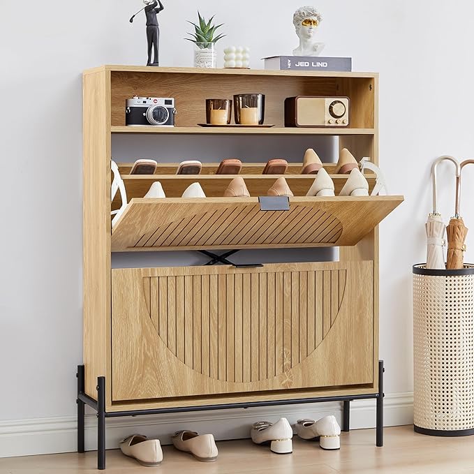 FurSch Fluted Shoe Cabinet with 2 Flip Drawers, Slim Freestanding Hidden Shoe Cabinet Organizer, Narrow Shoes Storage Rack for Entryway (All Natural-2 Drawers, 9.45" D x 31.5" W x 41.93" H)