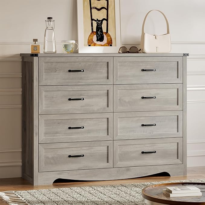BORNOON 8-Drawer Dresser for Bedroom, Modern Wooden Chest of Drawers with Metal Handles, Anti-Tipping Design, Sturdy and Stable Storage Organizer for Living Room, Entryway, Home Office, Standard