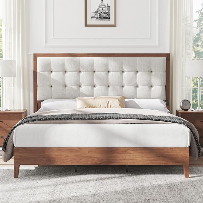 AMERLIFE Full Size Bed Frame with Headboard, Solid Wooden Bed Frame Full Size Platform Bed Frame Mid-Century Style, No Box Spring Required, Walnut | Back Support, Noise-Free, Easy Care, Sturdy Frame, Breathable Material