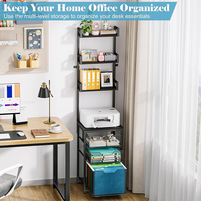 Sbanmao 3-Drawer File Cabinet with 3 Shelves, 61" Tall Vertical Filing Cabinet for Home Office, Metal Mesh Drawers with Small Printer Stand, Fit for Letter Files, Black