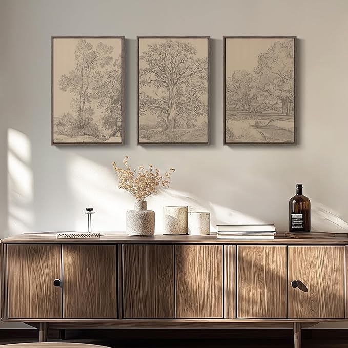 Framed Vintage Tree Sketch Set of 3 Wall Art for Bedroom, Neutral Landscape Antique Brown Canvas Artwork for Walls, Wabi Sabi Forest Rustic Wall Decor for Living Room Hallway Office Kitchen, 16x24 In