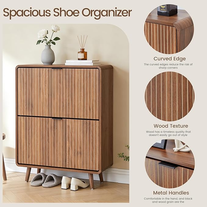 FurSch Fluted Shoe Storage Cabinet with 2 Flip Drawers, Narrow Shoe Rack Cabinet Organizer with Adjustable & Removable Shelves for Entryway (All Walnut, 2 Drawers)