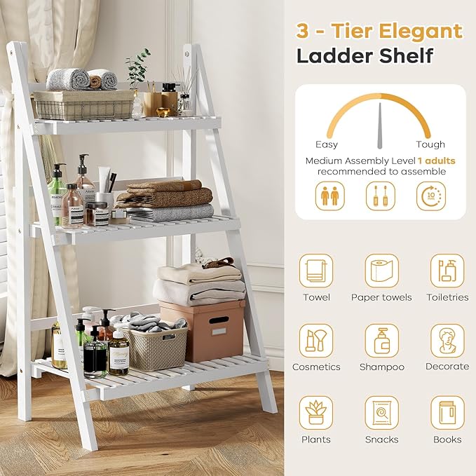 oakvivo Bamboo Bookshelf 3-Tier Ladder Shelf, 39.4” Freestanding Open Bookcase Book Shelf Bathroom Storage Shelf Unit Plant Stand for Small Space, Living Room, Bedroom, Home Office, White