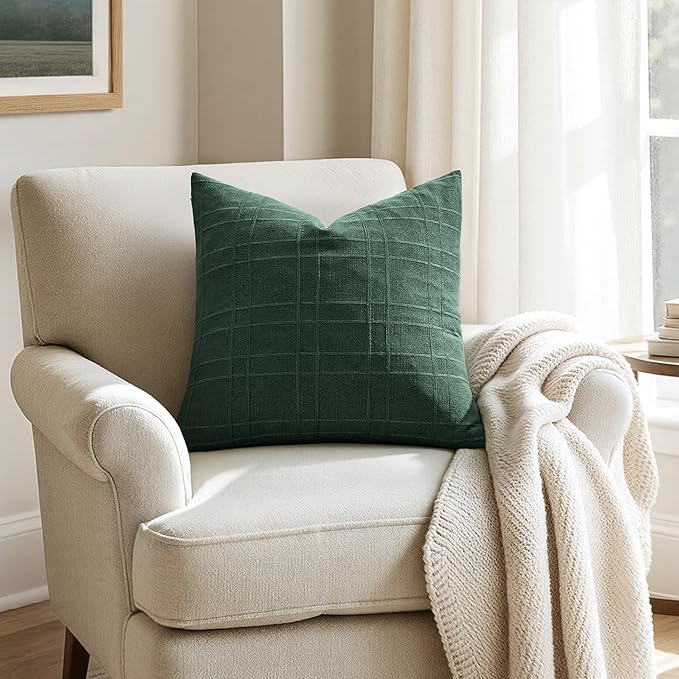 MIULEE Decorative Linen Check Throw Pillow Covers Neutral Farmhouse Vintage Spring Pillow Covers 20x20 Set of 2 Boho Modern Home Decor for Sofa Couch Bedroom Cushion Dark Green