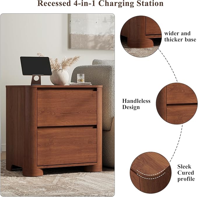 Walnut Nightstands Set of 2 with Charging Station, 23.6" Modern Night Stand with Unique Thickened Foot and 2 Storage Drawers, Bedside Table with Rounded Corner Design for Bedroom