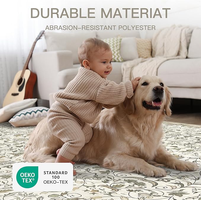 5×7 Washable Large Area Rugs for Living Room, Floral Soft Rug Non Slip Stain Resistant Carpet for Bedroom Dining Room Kitchen Farmhouse Home Decor，Beige Multi 061