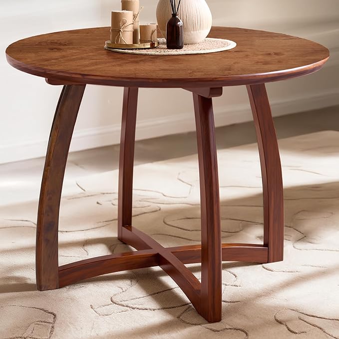 Acacia Alma 36 Inches Round Dining Table for 4, Solid Rubber Wood, Mid-Century Modern Kitchen & Dining Room Tables, Space-Saving for Living Room, Wooden Waterproof Thickened Tabletop, Walnut