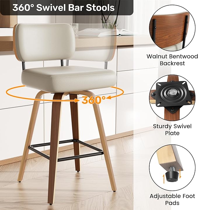 Swivel Bar Stools Set of 2, 26" Upholstered Faux Leather Counter Height Barstools with Walnut Back & Bentwood Legs, Mid Century Modern Bar Chairs Island Stools for Kitchen Counter, Beige Grey