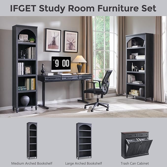 IFGET 76" Tall Arched Bookcase, Farmhouse 5 Tiers Large Arched Bookshelf Cabinet with Adjustable Shelves, Modern Wooden Book Shelf w/Storage and Open Display Shelves for Living Room, Office-Dark Grey