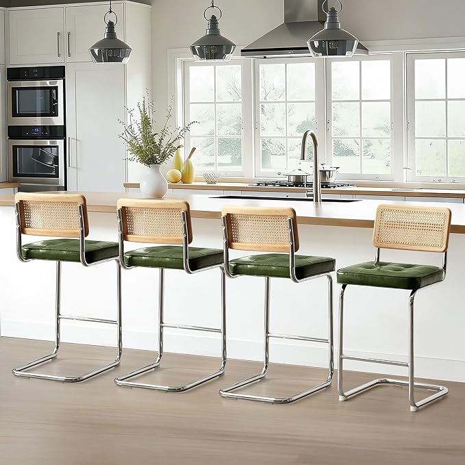 Zesthouse Natural Rattan Bar Stools Set of 4, Modern Counter Height Stools with Solid Wood Back, 26'' Counter Height Chairs, Mid Century Cantilevered Bar Chairs for Kitchen Island, Faux Leather Green