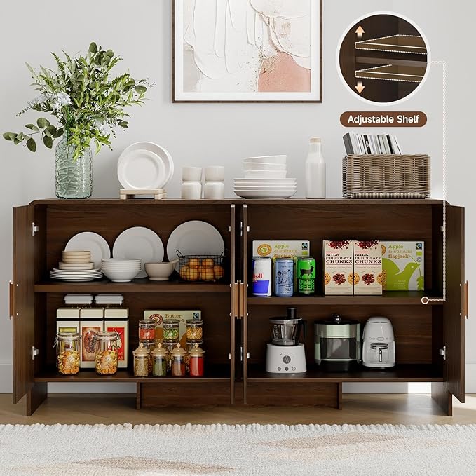 ONBRILL 60" Sideboard Buffet Cabinet with Storage, Curved Design Farmhouse Modern Coffee Bar Cabinet with 4 Doors & Adjustable Shelves for Living Room, Kitchen, Hallway, Walnut