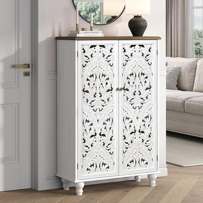 JOINICE 47" Tall Accent Cabinet with Carved Doors, Distressed White Wood Storage Cabinet with 3-Tier Shelves, Boho Farmhouse Sideboard Buffet for Small Spaces, Entryway & Living Room