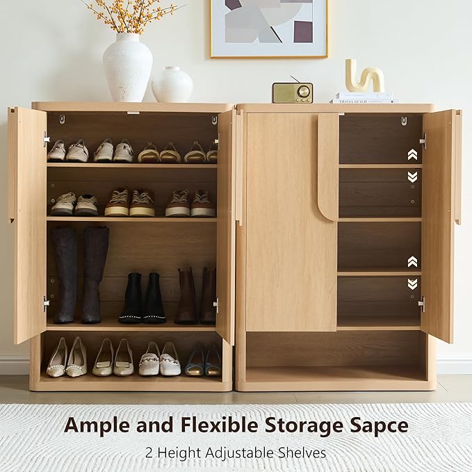 Shoe Cabinet 44" Tall Large Storage Organizer Modern Shoe Rack with Doors & 4 Shelves Minimalist Free Standing 5-Tier Cabinet for Entryway Hallway Living Room,Natural, 2PCS