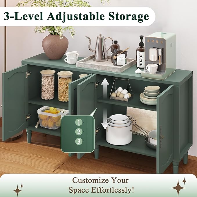 fineway 63" Sideboard Buffet Cabinet, Mid Century Modern Credenza Storage Cabinet with Carved Handle & Adjustable Shelves, Buffet Table Kitchen Coffee Bar for Living Room Dining Room - Green