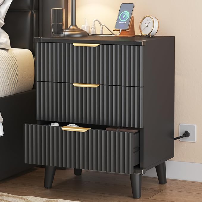 Lulive Modern Dresser and Nightstand Sets 3-Piece, 6-Drawer Dresser + 2 Nightstands Bedroom Sets with Solid Wood Legs (Black)
