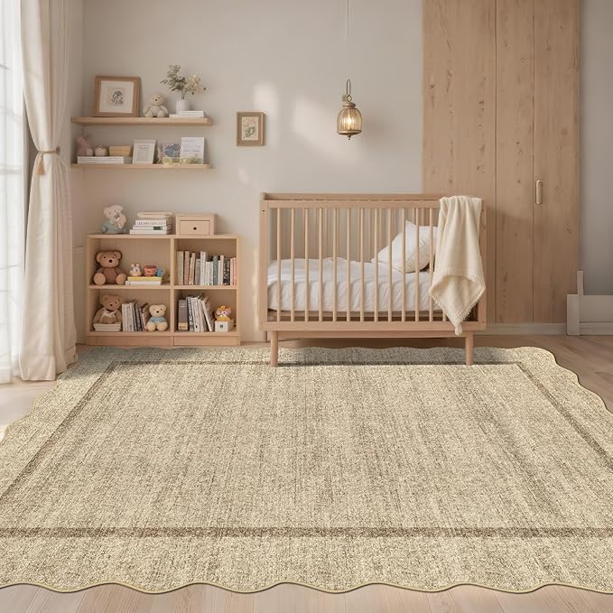 GarveeHome Scalloped Washable Rugs 8x10 Area Rugs for Living Room Modern Non Slip Throw Rugs Large Rug for Bedroom Low Pile Non Shedding Stain Resistant Carpet for Dining Room 8 ft x10 ft Jute