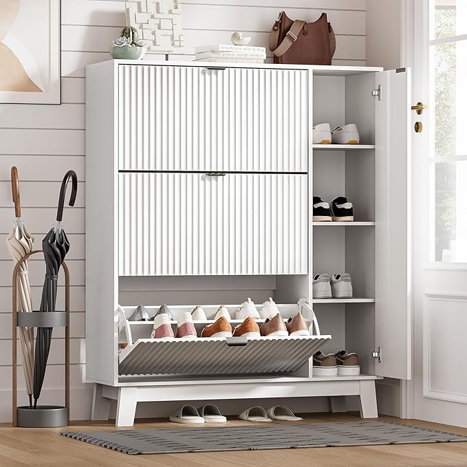Shoe Cabinet Storage for Entryway with 3 Flip Drawers & Side Cabinet, Fluted Narrow Shoe Organizer with Wooden Leg, Freestanding Shoe Storage Hidden Shoe Rack Organizer for Front Door Entrance, White