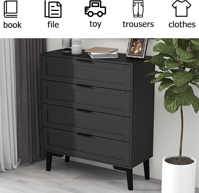 TaoHFE Black 4 Drawer Dresser for Bedroom,Wood Lingerie Chest of Drawers for Bedroom,Modern 36inch Tall Black Dresser for Bedrooms Living Room, Entryway, Cloakroom