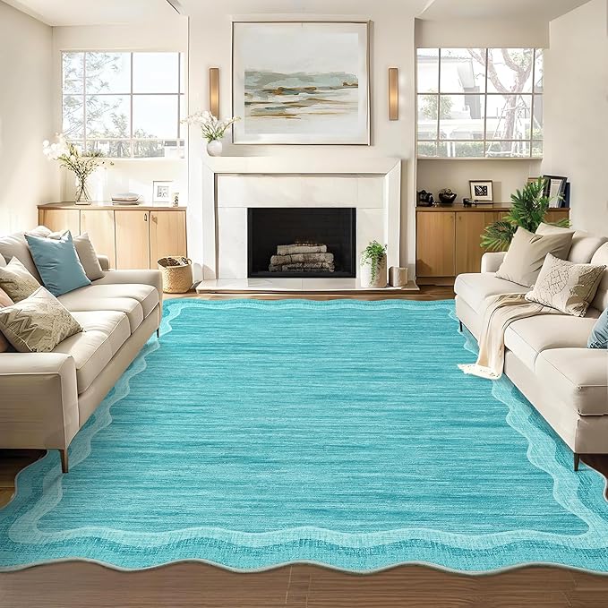 Garvee Scalloped 8x10 Rugs Washable Area Rugs for Living Room,Modern Stain Resistant Solid Rug for Bedroom, Scalloped Low Pile Non-Slip Neutral Rug for Farmhouse Dining Room Home Office Dorm,Teal