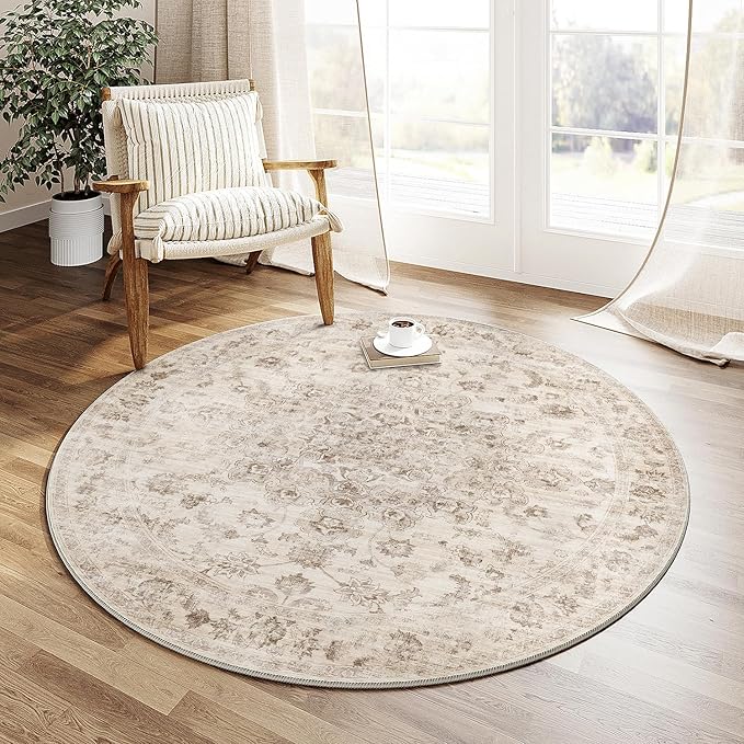4x4 Washable Neutral Round Rug Beige Vintage Entryway Kitchen Cirlce Rug Non-Slip Soft Low Pile Farmhouse Indoor Carpet for Entrance Bathroom Dining Room