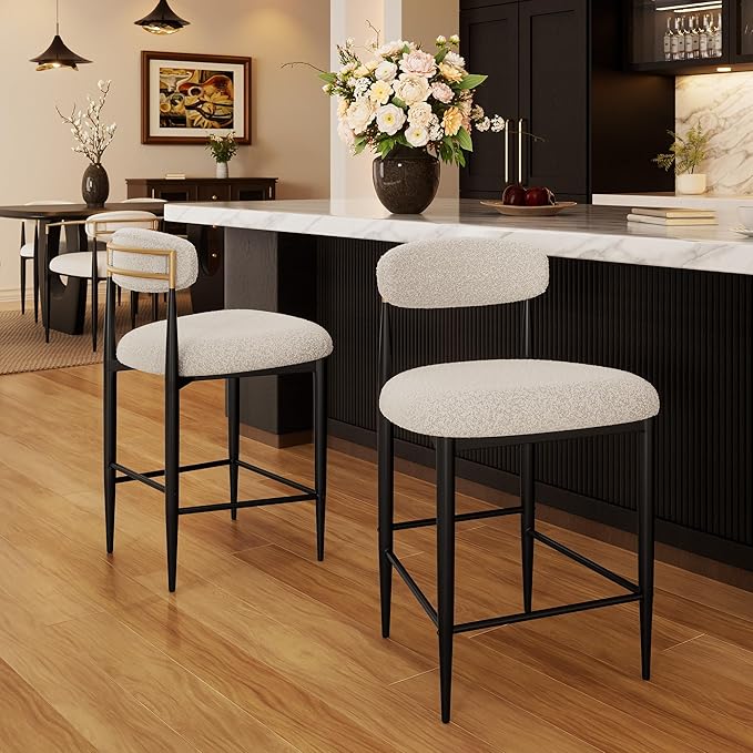 Morden Fort Counter Height Bar Stools Set of 4, Modern Upholstered Counter Stools with Backs, Boucle Island Chairs with Black Metal Legs for Kitchen and Home Bar