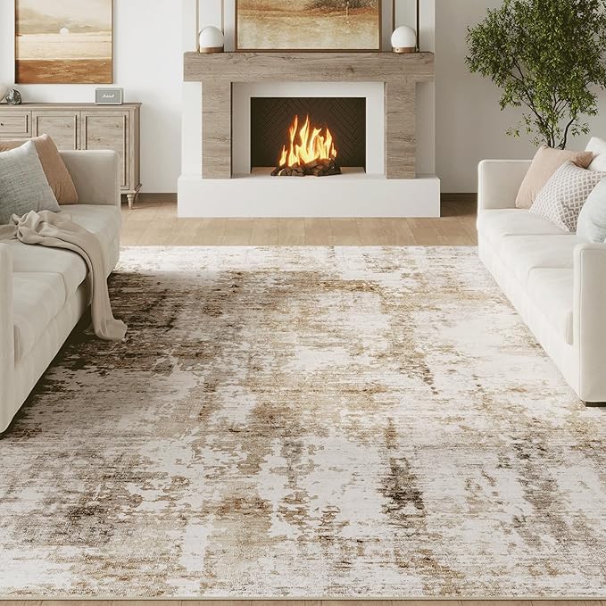 Fmfunctex 9x12 Washable Abstract Area Rug Brown Grey Neutral Modern Large Non Slip Carpet for Living Room Bedroom Soft Low Pile Indoor Mat Accent Throw Rug for Dining Kitchen Office Nursery, Grey Gold