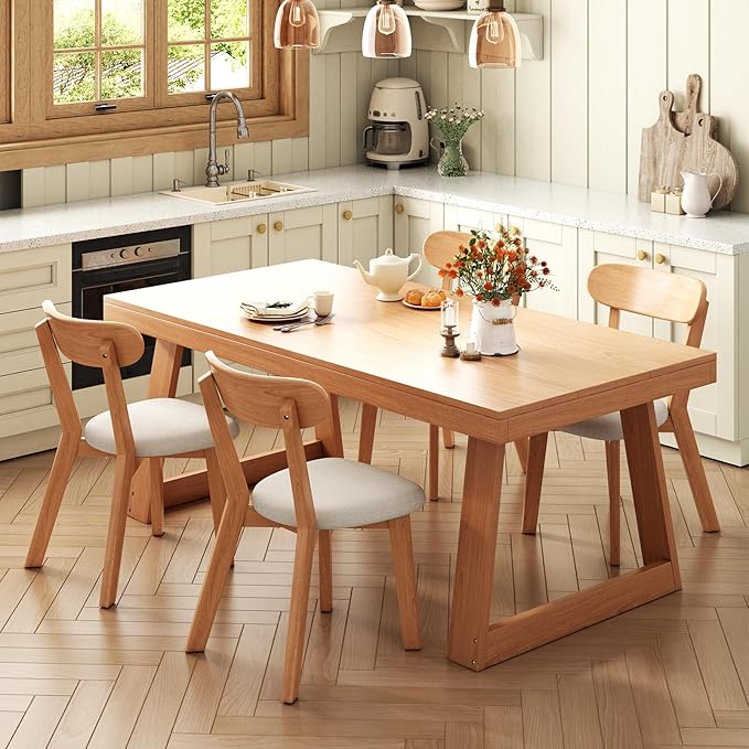 Dining Chairs Set of 4 Mid-Century Modern Oak Upholstered Scandinavian Solid Wood Kitchen & Dining Room Chairs with Curved Backrest Sillas de Comedor for Dining Table(Original/Beige)