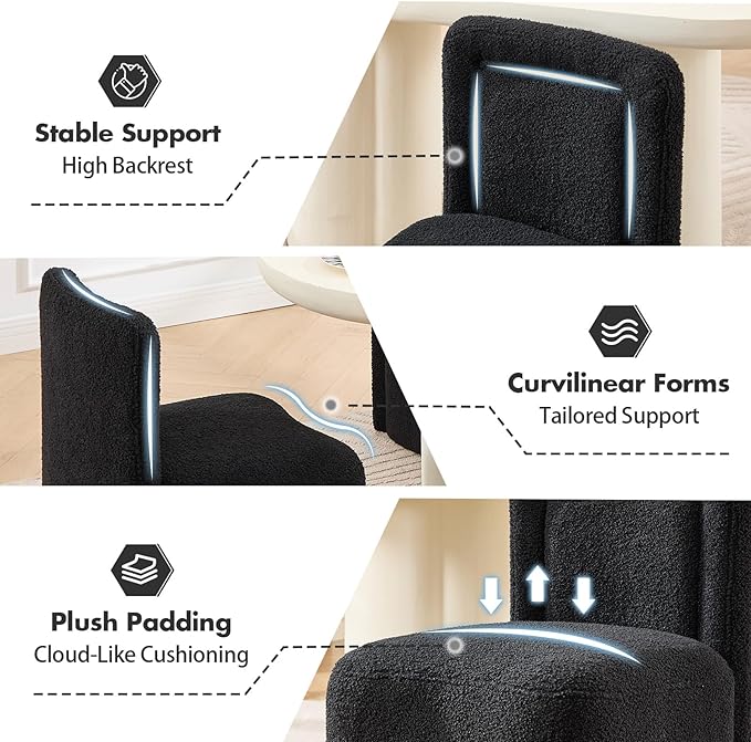 Hyfirm Black Upholstered Dining Chairs Set of 6, Mid-Century Scandinavian Parsons Armless Chairs in Boucle Fabric with Plush Seat Cushion for Diningroom Bedroom Livingroom Reading Room