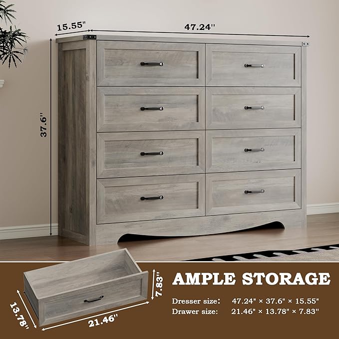 BORNOON 8-Drawer Dresser for Bedroom, Modern Wooden Chest of Drawers with Metal Handles, Anti-Tipping Design, Sturdy and Stable Storage Organizer for Living Room, Entryway, Home Office, Standard