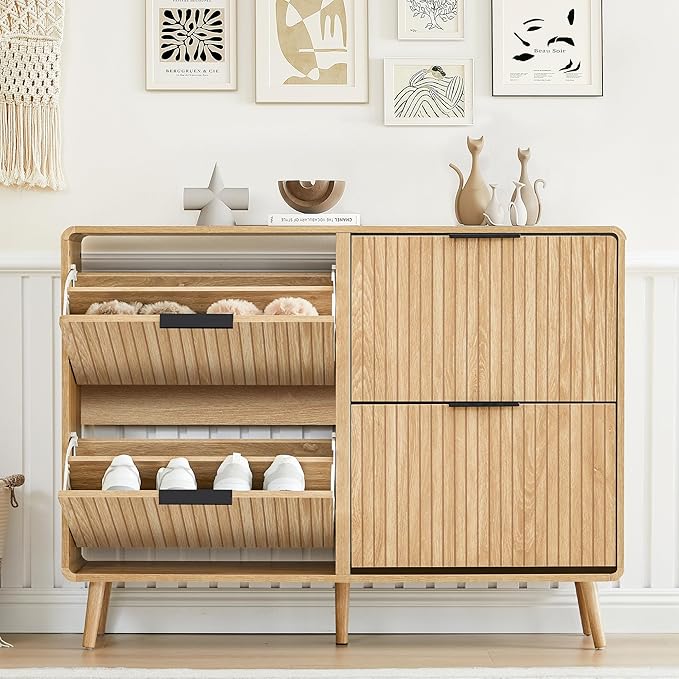 FurSch 47" Fluted Large Shoe Cabinet with 4 Flip Drawers, Slim Freestanding Shoe Cabinet Organizer, Narrow Shoes Storage Rack for Entryway, 5 Sturdy Legs (All Natural, 9.45" D x 47.24" W x 35.83" H)