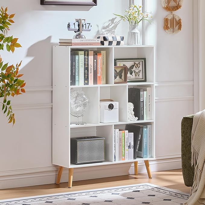 LEYAOYAO Cube Bookshelf 3 Tier Mid-Century White Modern Bookcase with Legs,Retro Wood Bookshelves Storage Organizer Shelf,Freestanding Open Book Shelves for Bedroom,Living Room,Office