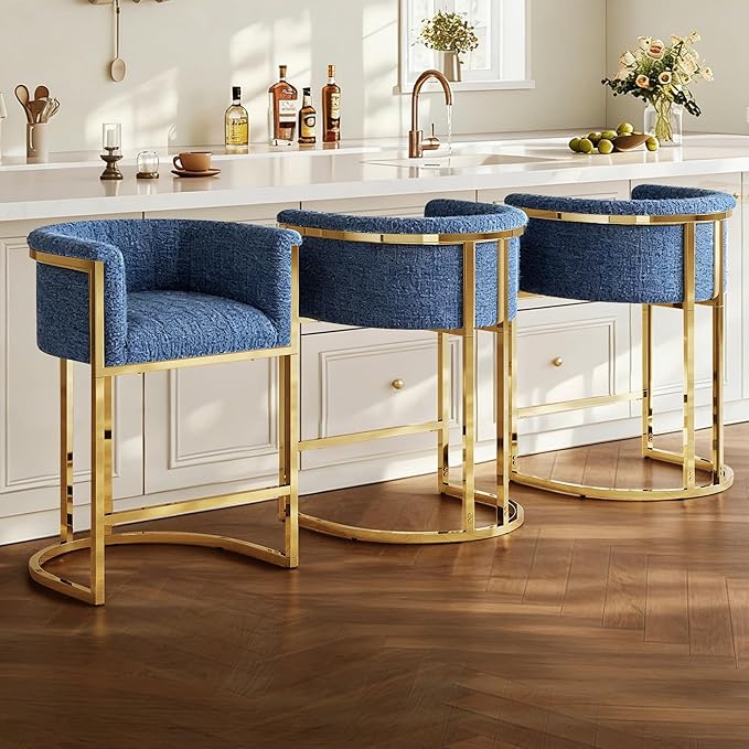 Modern Counter Height Bar Stools,Bar Stools Set of 3,Fabric Upholstered Barrel Barstools with Backs and Arms,26" Kitchen Island Chairs,Mirror Champagne Gold Base/Blue Linen