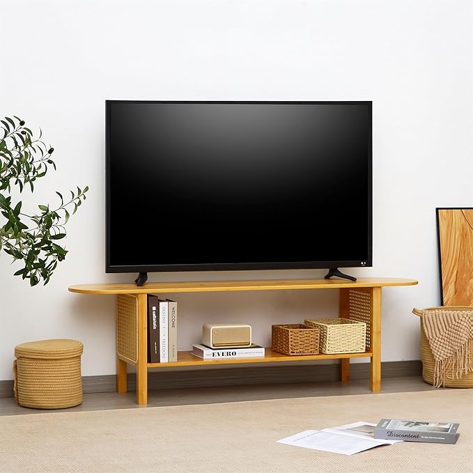 Bamboo TV Stand for TVs up to 65", Accent Entertainment Center with Storage, Media Console Table with Rattan, Modern TV Stand for Living Room, Bedroom, 55"(L), Burlywood