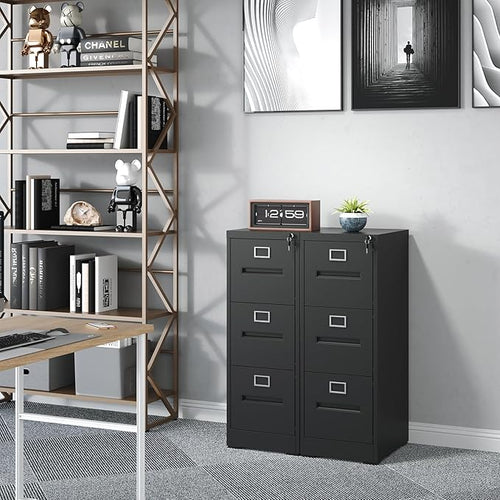 3 Drawer File Cabinet with Lock, Vertical Metal Filing Storage Cabinet for Home Office, Steel Locking File Cabinets for A4 Legal/Letter Folders,Silent Sliding Drawers, Assembly Required (Black)