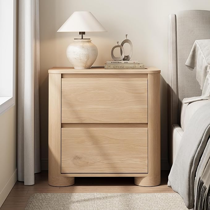 Nightstand with Charging Station, 23.6" Modern Night Stand with Unique Thickened Foot and 2 Storage Drawers, Bedside Table with Rounded Corner Design for Bedroom, Natural Oak