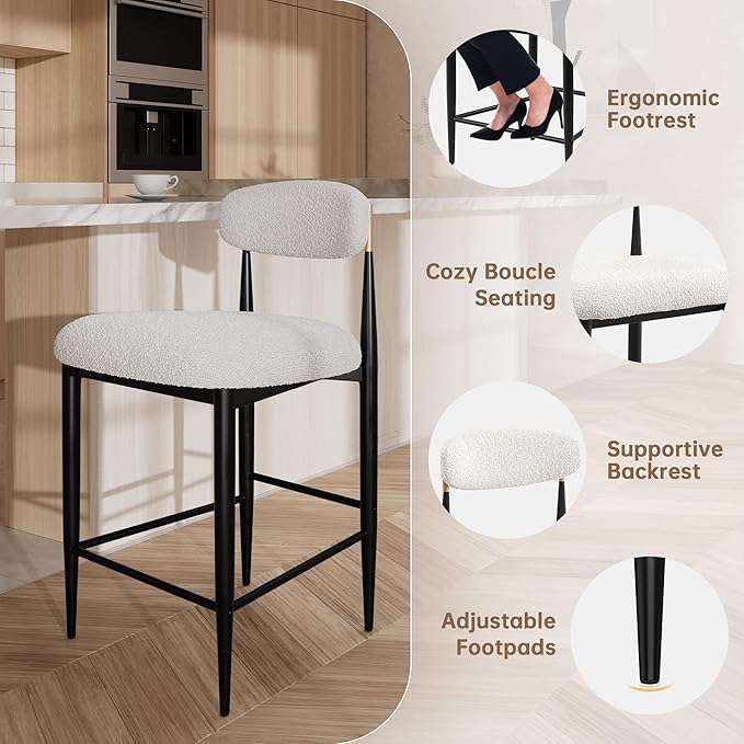 Morden Fort Counter Height Bar Stools Set of 4, Modern Upholstered Counter Stools with Backs, Boucle Island Chairs with Black Metal Legs for Kitchen and Home Bar