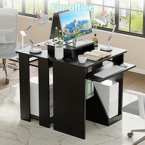 ALISENED 30" Small Computer Desk with Keyboard Tray Monitor Stand, Study Writing Desk with Storage Shelves, Modern Workstation for Small Spaces, Save Space, Black A