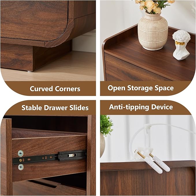 Curved 6 Drawer Dresser for Bedroom, Modern 53-Inch Chest of Drawers, Wood Storage Dresser Organizers with Hidden Handles, 6 Drawer Dressers for Bedroom, Nursery, Living Room, Walnut