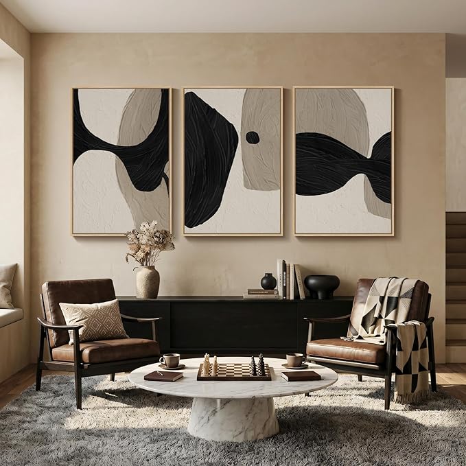 Large Framed Neutral Abstract Wall Art for Living Room, 3 Piece Black and Beige Canvas Artwork for Walls, Abstract Modern Minimalist Painting Prints Wall Decor for Bedroom Dining Room Office, 24x36 In