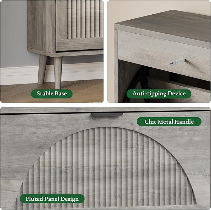 Xixini Shoe Storage Cabinet with 3 Flip Drawers, 50" Tall Narrow Wood Fluted Shoe Organizer for Entryway, Freestanding Wooden Hidden Slim Shoe Rack for Front Door Entrance, Hallway, Foyer, Light Grey